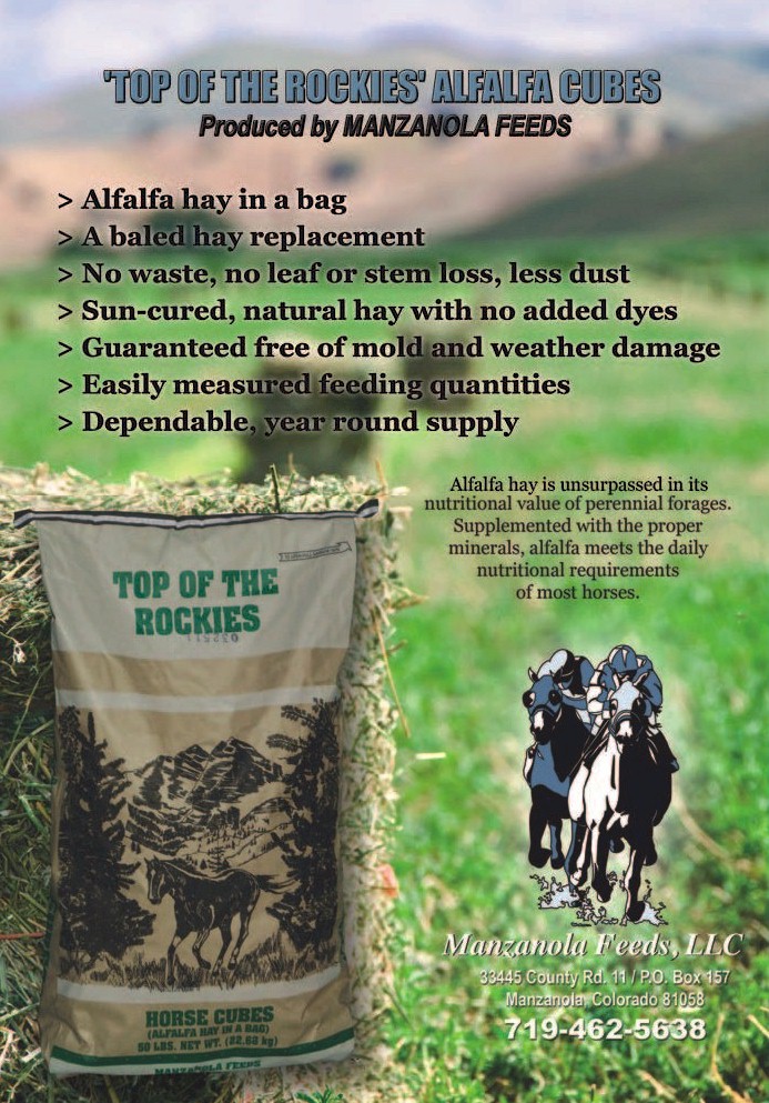 Top Of The Rockies horse cubes, mini cubes, and alfalfa pellets produced by Manzanola Feeds.